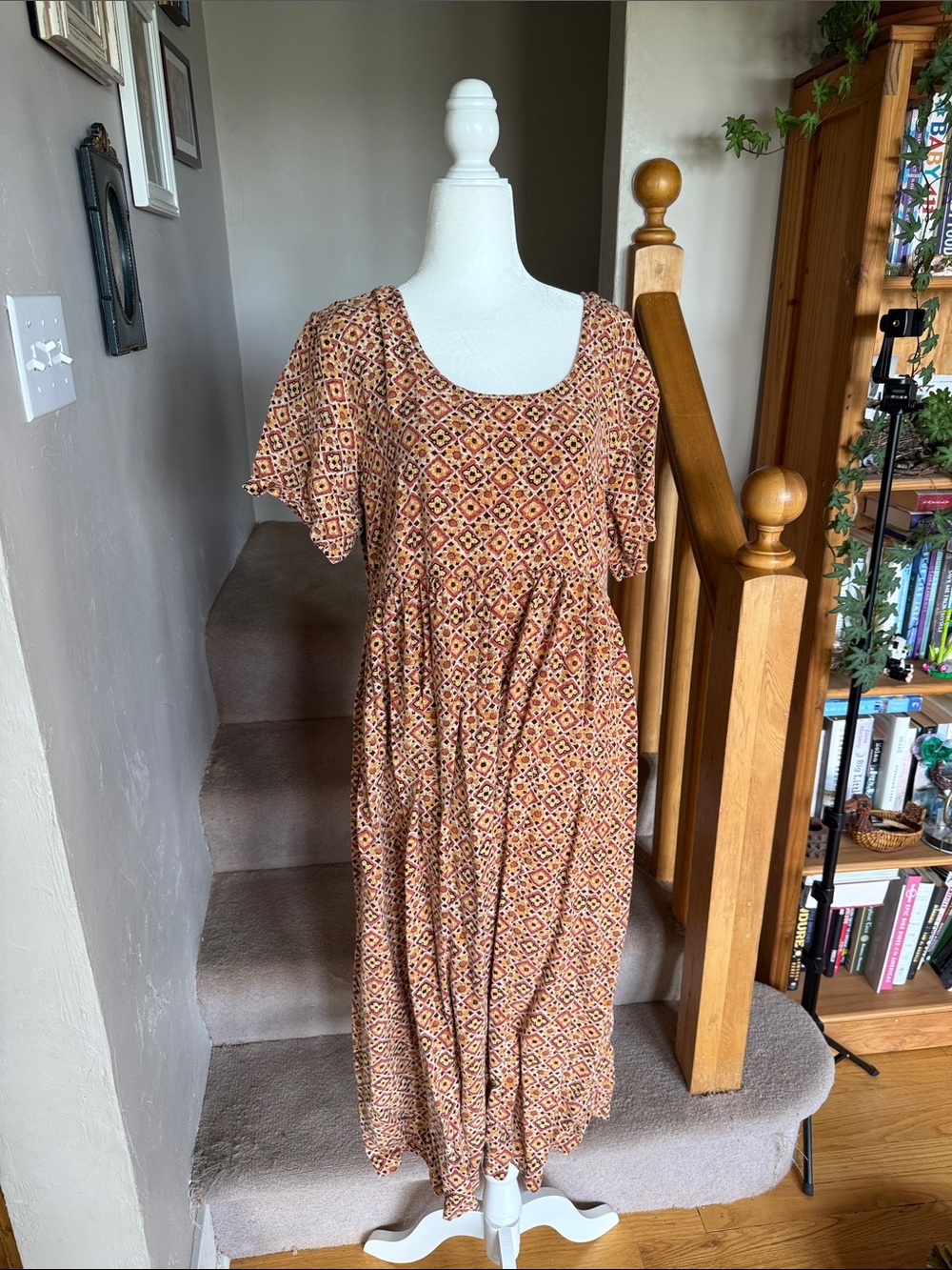 Earth-Toned Geometric Maxi Dress in Rust Print